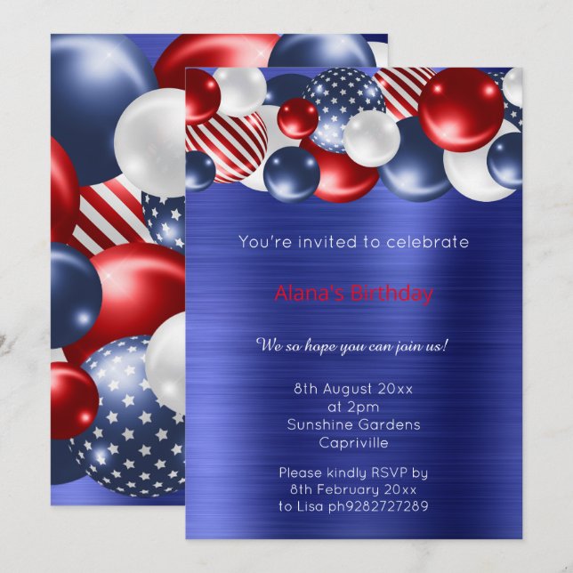 RED BLUE BRUSHED METALLIC PATRIOTIC BALLOON 2 INVITATION (Front/Back)