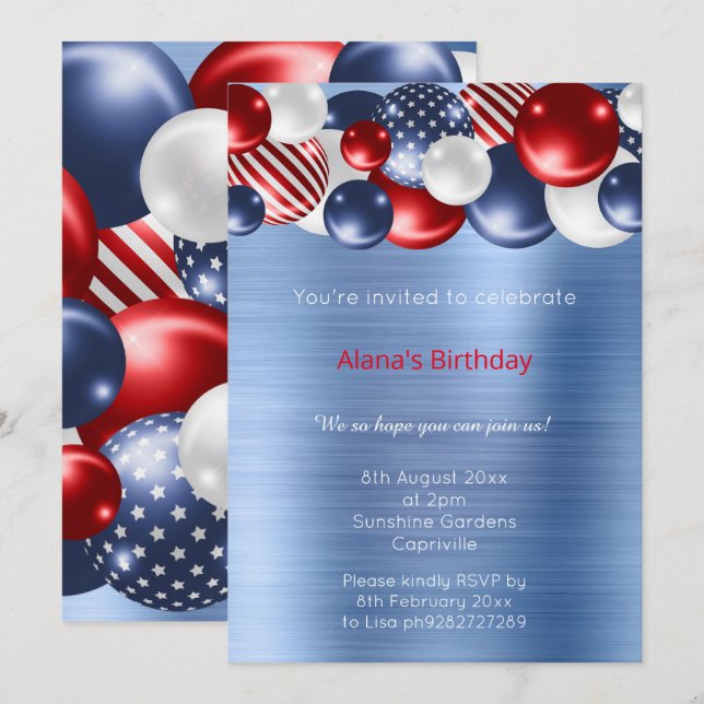 RED BLUE BRUSHED METALLIC PATRIOTIC BALLOON  INVITATION (Front/Back)