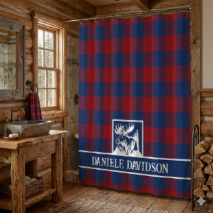 Red Blue Buffalo Plaid Rustic Moose Monogram Shower Curtain