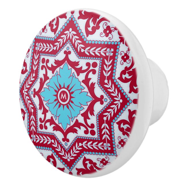 Red Blue Ceramic Style Azulejo Vintage Monogram Knob (Right)