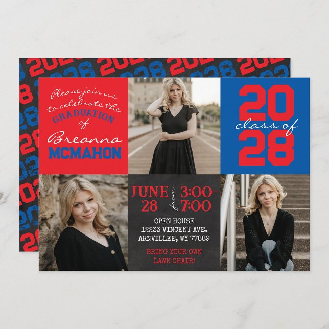 Red & Blue Chalkboard 3 Photo Graduation Invitation (Creator Uploaded)