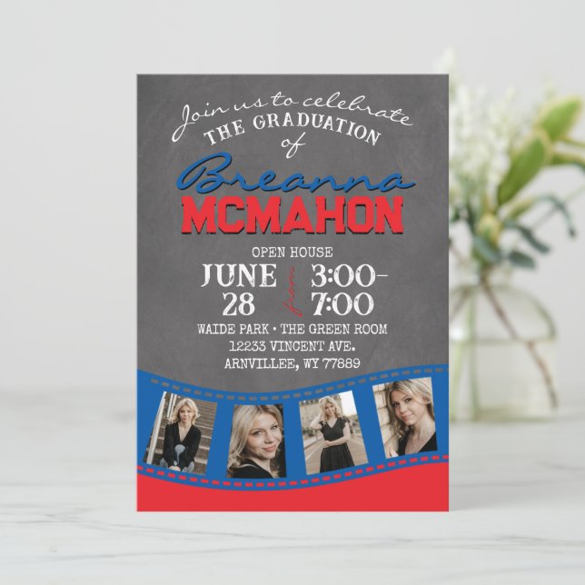 Red & Blue Chalkboard Filmstrip Graduation Invitation (Standing Front)