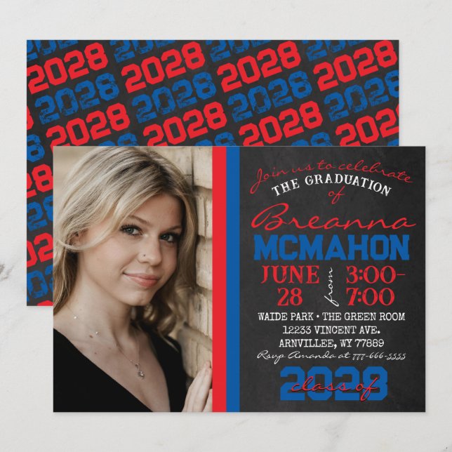 Red & Blue Chalkboard Graduation Photo Invitation (Front/Back)