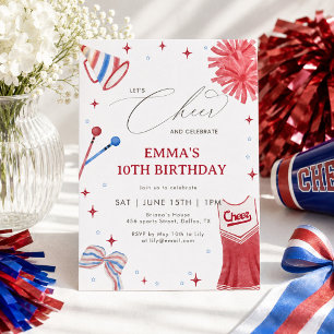 Red Blue Cheerleading Birthday Coquette Bow Girl  Invitation
