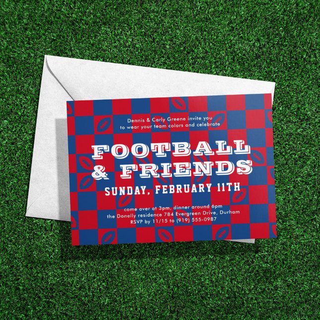 Red Blue Chequerboard Football Game Watch Party Invitation (Creator Uploaded)