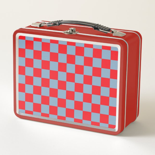 Red Blue Chequered Gingham Pattern Metal Lunch Box (Front)