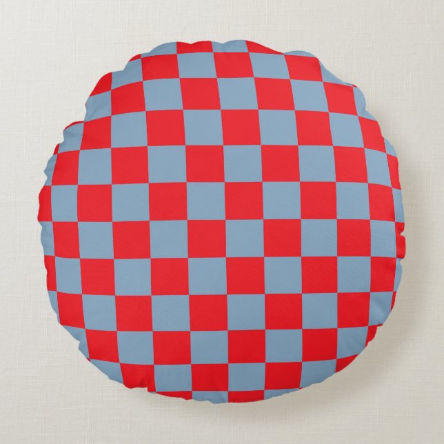 Red Blue Chequered Gingham Pattern Round Cushion (Front)