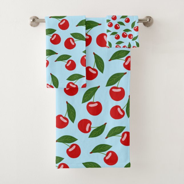Red Blue Cherry Design Bath Towel Set (Insitu)