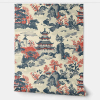 Red & Blue Chines Temples Trees Mountains