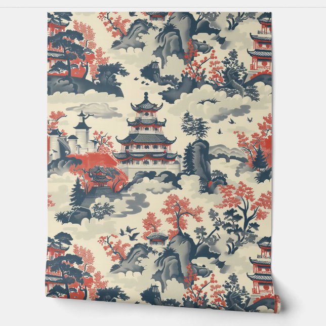 Red & Blue Chines Temples Trees Mountains Wallpaper (Unrolling)