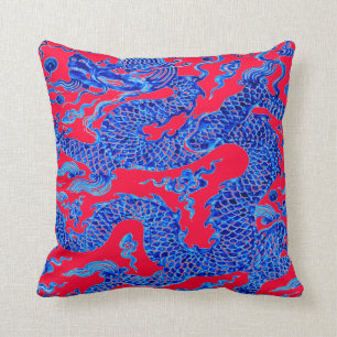 Red Blue Chinese Dragon Vintage Vase Art Cushion