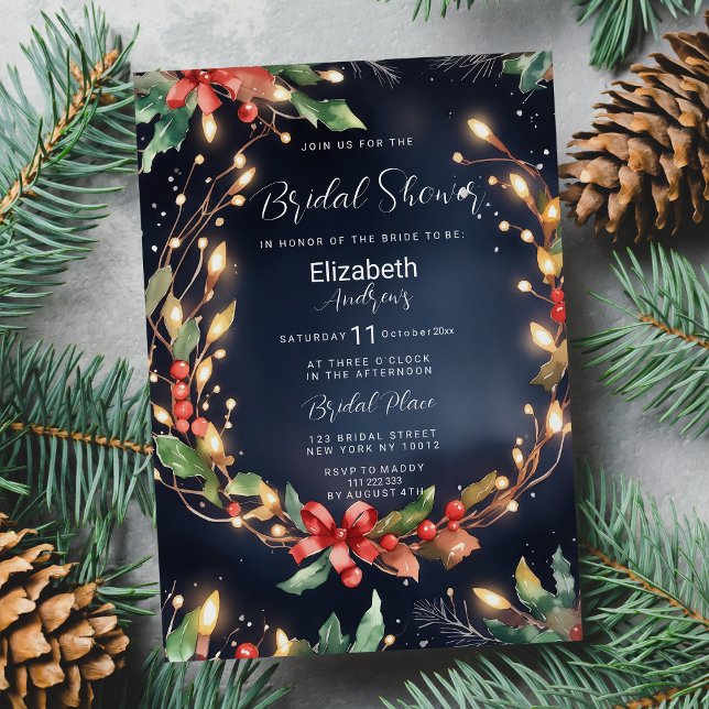Red blue Christmas flower wreathe Bridal Shower  Invitation (Red blue Christmas flower wreathe Bridal Shower)