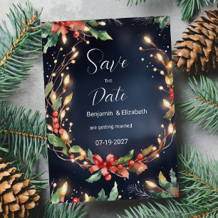 Red blue Christmas flower wreathe Save the Date Invitation