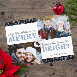 Red & Blue Christmas Greenery Pattern 2-Photo Card