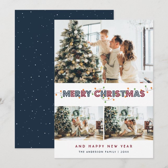 Red Blue Christmas Lights 3 Photo Collage Holiday Card (Front/Back)