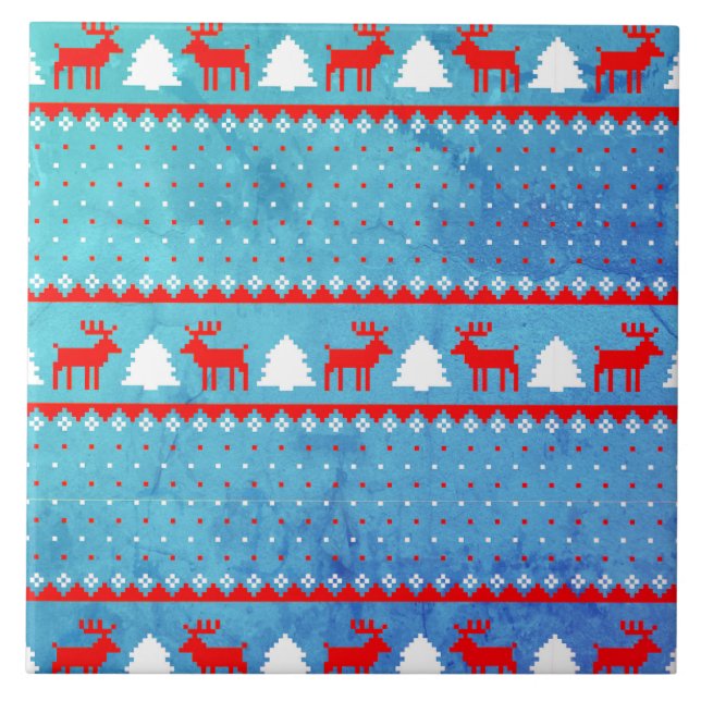 Red Blue Christmas Pattern Ceramic Tile (Front)