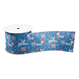 Red blue Christmas reindeer and birds ribbon Satin Ribbon