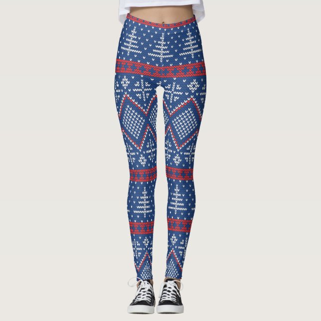 Red Blue Christmas Trees Nordic Sweater Pattern Leggings (Front)