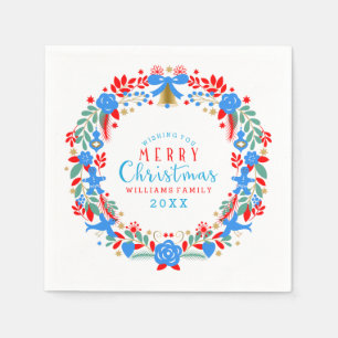 Red & Blue Christmas Wreath Merry Christmas Napkin