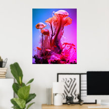 Red + Blue Coloured Translucent Mushrooms On a Wal