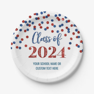 Red Blue Confetti Graduation 2024 Paper Plate