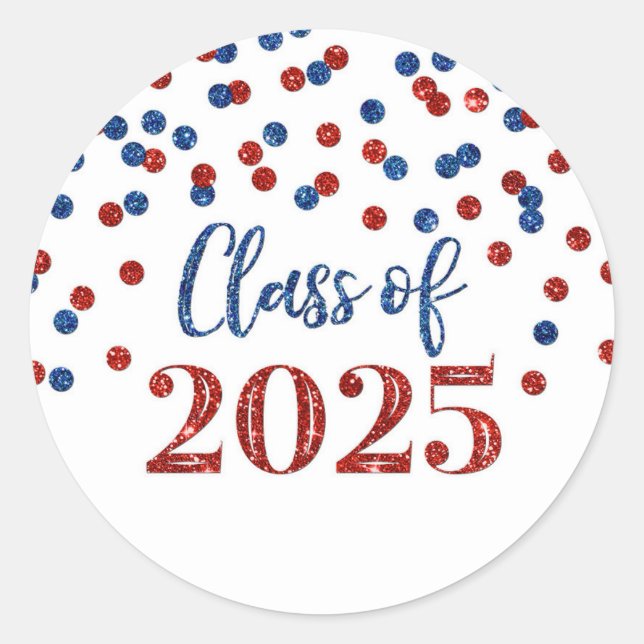 Red Blue Confetti Graduation 2025 Classic Round Sticker (Front)
