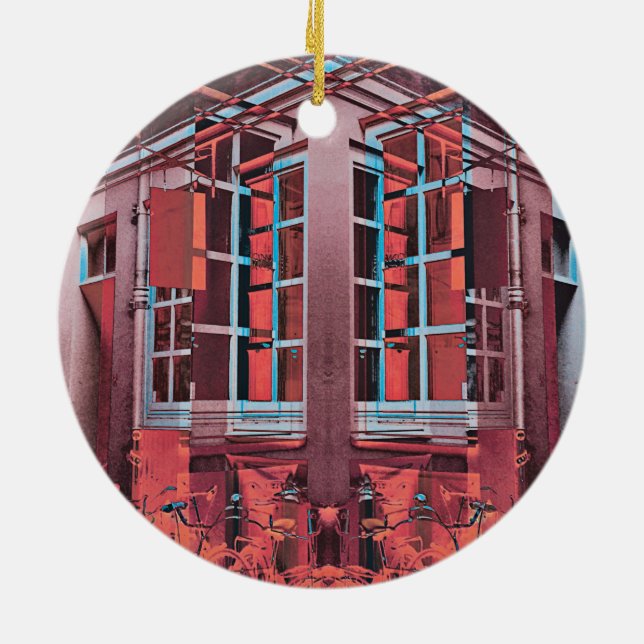 Red blue Copenhagen windows reflection digital art Ceramic Tree Decoration (Back)