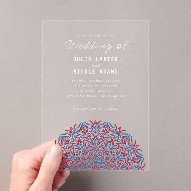 Red & Blue Coral Reef Marble Stone Mandala Wedding Acrylic Invitations (Insitu (Handheld))