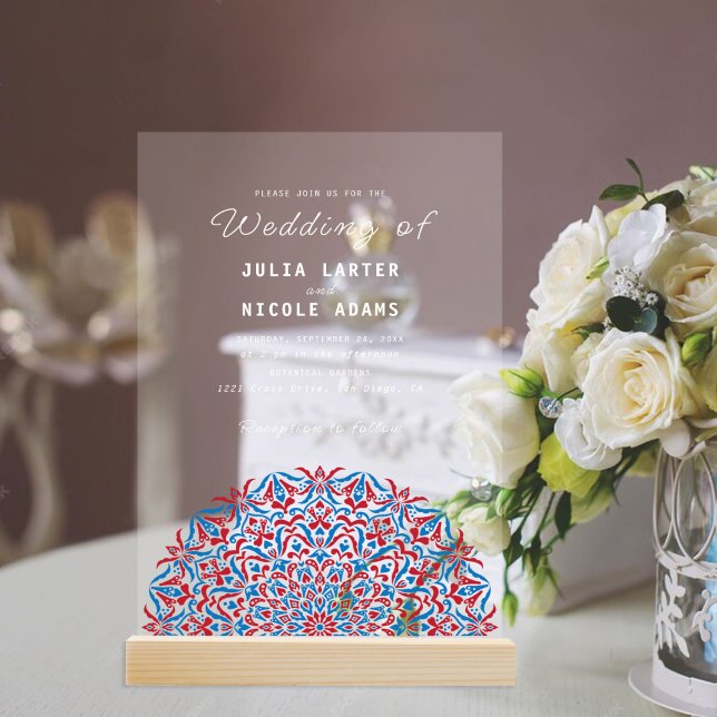 Red & Blue Coral Reef Marble Stone Mandala Wedding Acrylic Invitations (Creator Uploaded)