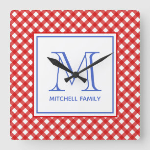 Red & Blue Country Style Gingham Pattern Monogram Square Wall Clock