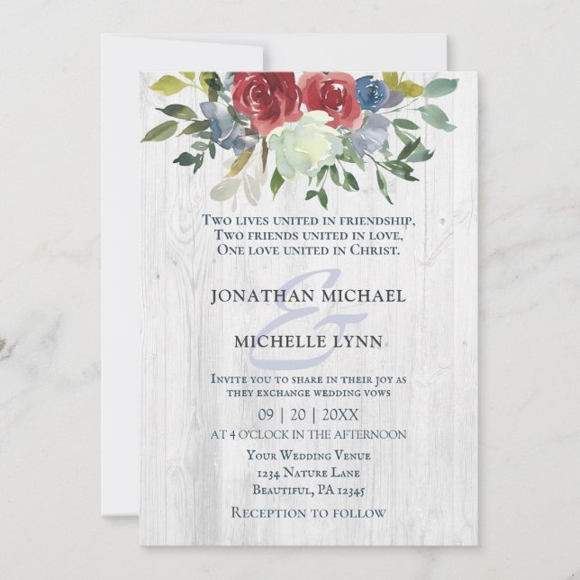 Red Blue Cream Floral White Wood Christian Wedding Invitation (Front)