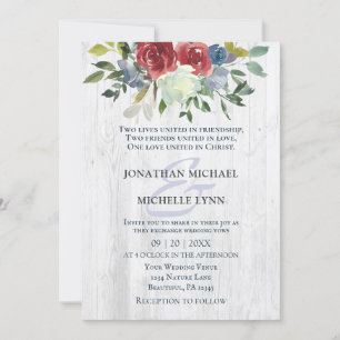 Red Blue Cream Floral White Wood Christian Wedding Invitation