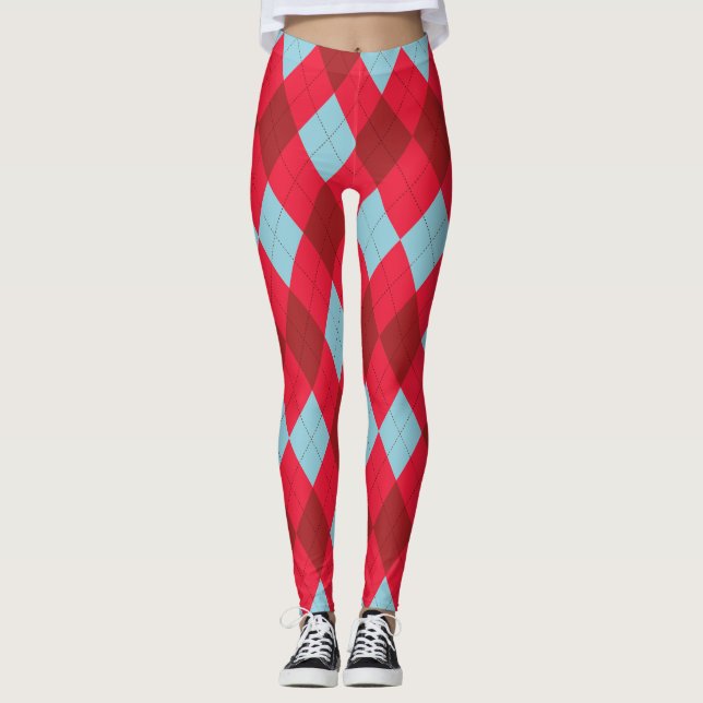 Red Blue & Crimson Christmas Argyle Leggings (Front)