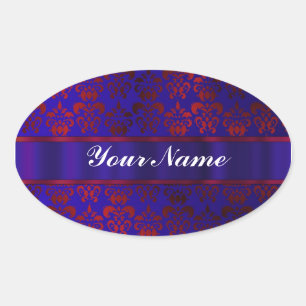 Red & blue damask swirl oval sticker
