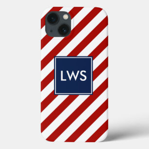 Red Blue Diagonal Stripes Monogram iPhone 13 Case