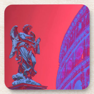 Red, blue digital art of Colosseum and statue Coaster