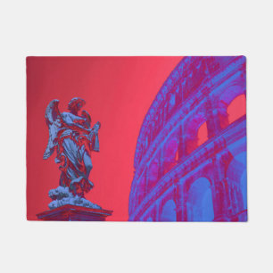 Red, blue digital art of Colosseum and statue Doormat