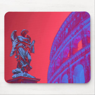 Red, blue digital art of Colosseum and statue Mouse Mat