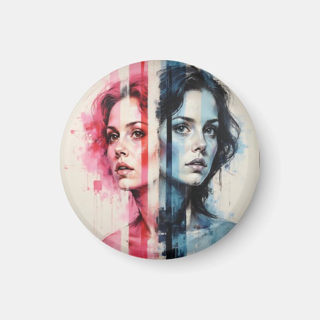 Red & Blue Duality – Twin Portraits in Abstract St Magnet (Front)