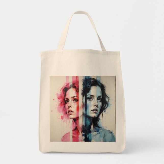 Red & Blue Duality – Twin Portraits in Abstract St Tote Bag (Front)
