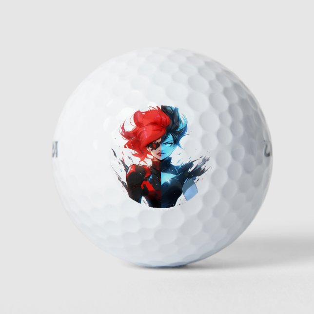 Red Blue Fire Ice Comic Style Anime Girl Golf Balls (Front)