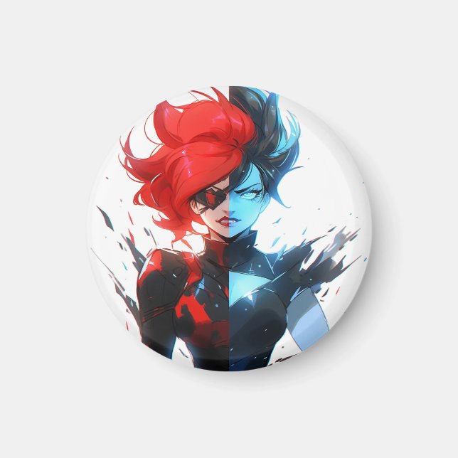 Red Blue Fire Ice Comic Style Anime Girl Magnet (Front)