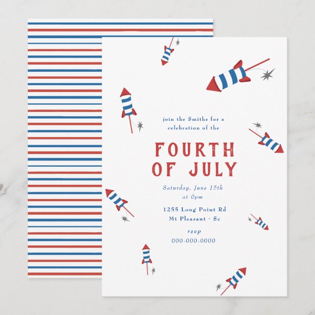 Red Blue Firework Rockets 4th of July Party Invita Invitation (Front/Back)