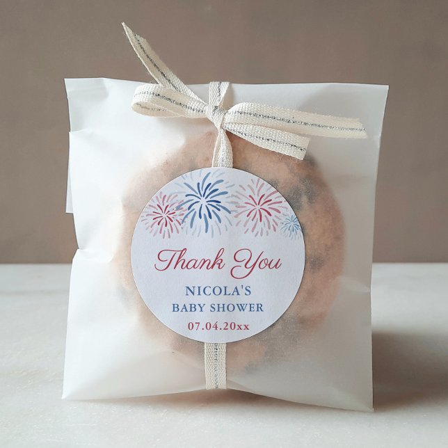 Red Blue Fireworks July 4th Baby Shower Favour Classic Round Sticker (Red White And Blue Firework Bursts 4th July Shower Or Party Thank You Favor Sticker)