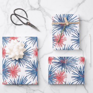 Red & Blue Fireworks on White Wrapping Paper Sheet