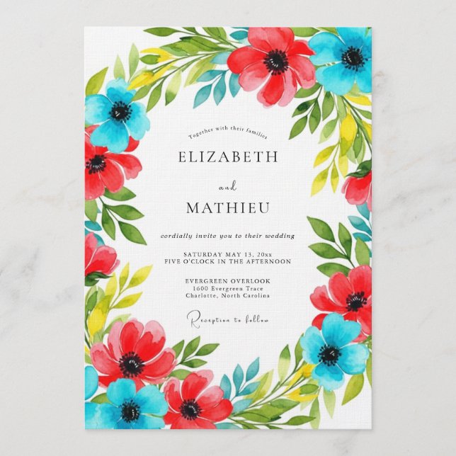 Red Blue Floral Flourish Wedding Invitation (Front)