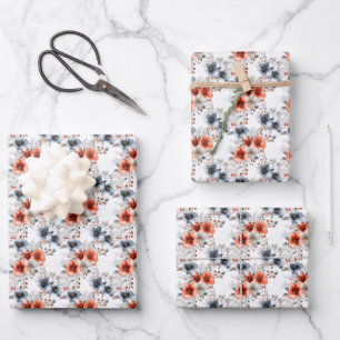 Red & Blue Floral on White Wrapping Paper Sheet