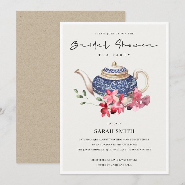 Red Blue Floral Teapot Bridal Shower Party Invite (Front/Back)