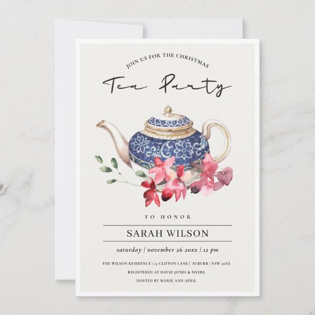 Red Blue Floral Teapot Christmas Tea Party Invite (Front)