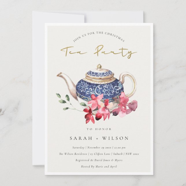 Red Blue Floral Teapot Christmas Tea Party Invite (Front)